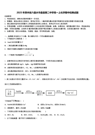 2025年贵州省六盘水市盘县第二中学高一上化学期中经典试题含解析