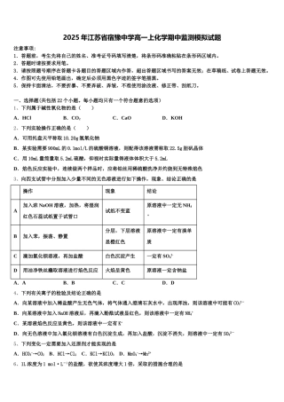 2025年江苏省宿豫中学高一上化学期中监测模拟试题含解析