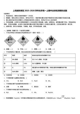 上海浦东新区2025-2026学年化学高一上期中达标检测模拟试题含解析