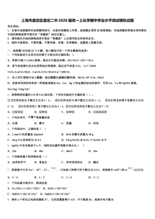 上海市嘉定区嘉定二中2026届高一上化学期中学业水平测试模拟试题含解析