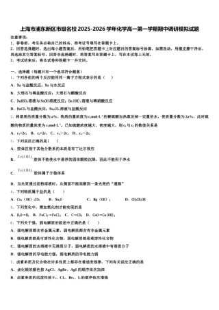 上海市浦东新区市级名校2025-2026学年化学高一第一学期期中调研模拟试题含解析