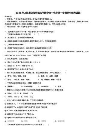 2025年上海市上海师范大学附中高一化学第一学期期中统考试题含解析