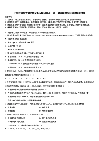 上海市复旦大学附中2026届化学高一第一学期期中综合测试模拟试题含解析