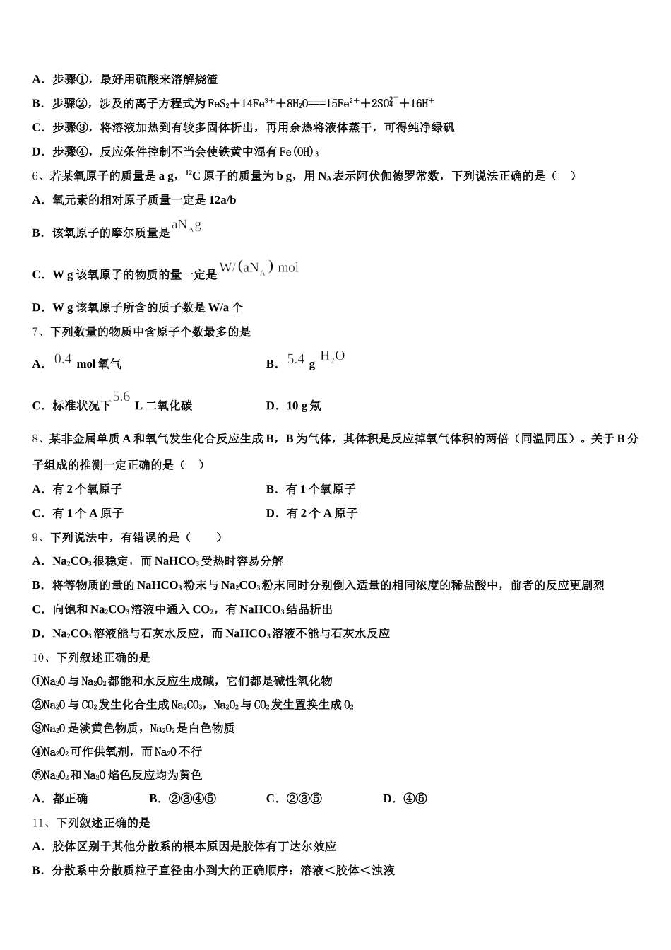 2025年上海市比乐中学化学高一上期中学业质量监测试题含解析_第2页
