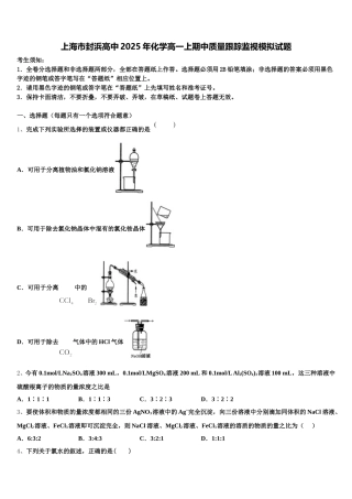 上海市封浜高中2025年化学高一上期中质量跟踪监视模拟试题含解析