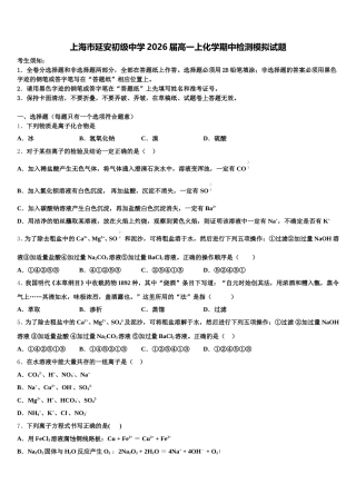 上海市延安初级中学2026届高一上化学期中检测模拟试题含解析