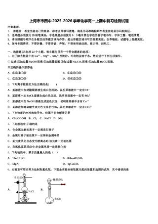 上海市市西中2025-2026学年化学高一上期中复习检测试题含解析