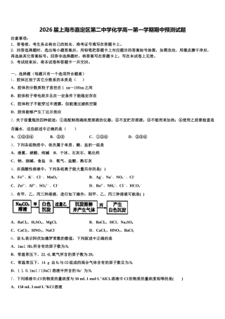 2026届上海市嘉定区第二中学化学高一第一学期期中预测试题含解析