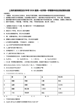 上海市浦东新区进才中学2026届高一化学第一学期期中综合测试模拟试题含解析