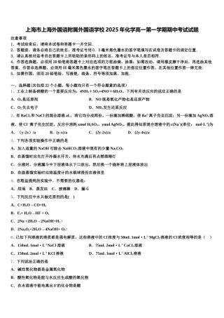 上海市上海外国语附属外国语学校2025年化学高一第一学期期中考试试题含解析