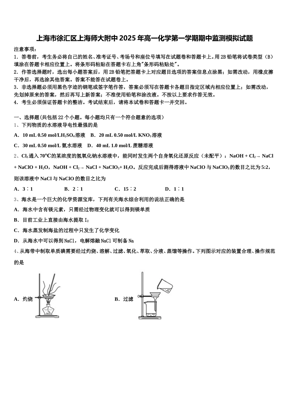 上海市徐汇区上海师大附中2025年高一化学第一学期期中监测模拟试题含解析_第1页