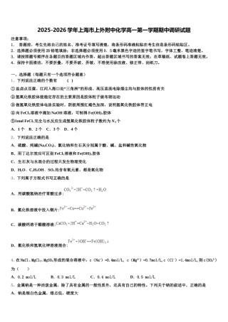 2025-2026学年上海市上外附中化学高一第一学期期中调研试题含解析