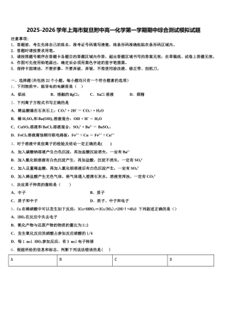 2025-2026学年上海市复旦附中高一化学第一学期期中综合测试模拟试题含解析