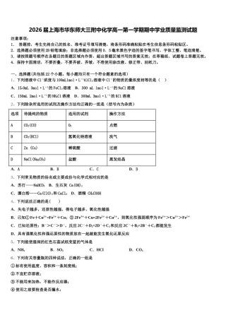 2026届上海市华东师大三附中化学高一第一学期期中学业质量监测试题含解析