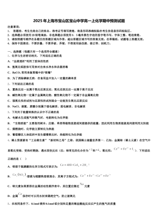 2025年上海市宝山区宝山中学高一上化学期中预测试题含解析