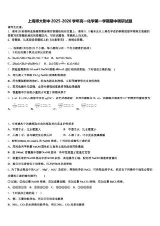上海师大附中2025-2026学年高一化学第一学期期中调研试题含解析