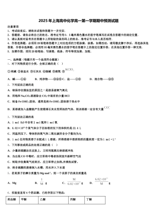 2025年上海高中化学高一第一学期期中预测试题含解析