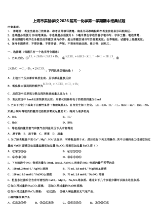 上海市实验学校2026届高一化学第一学期期中经典试题含解析
