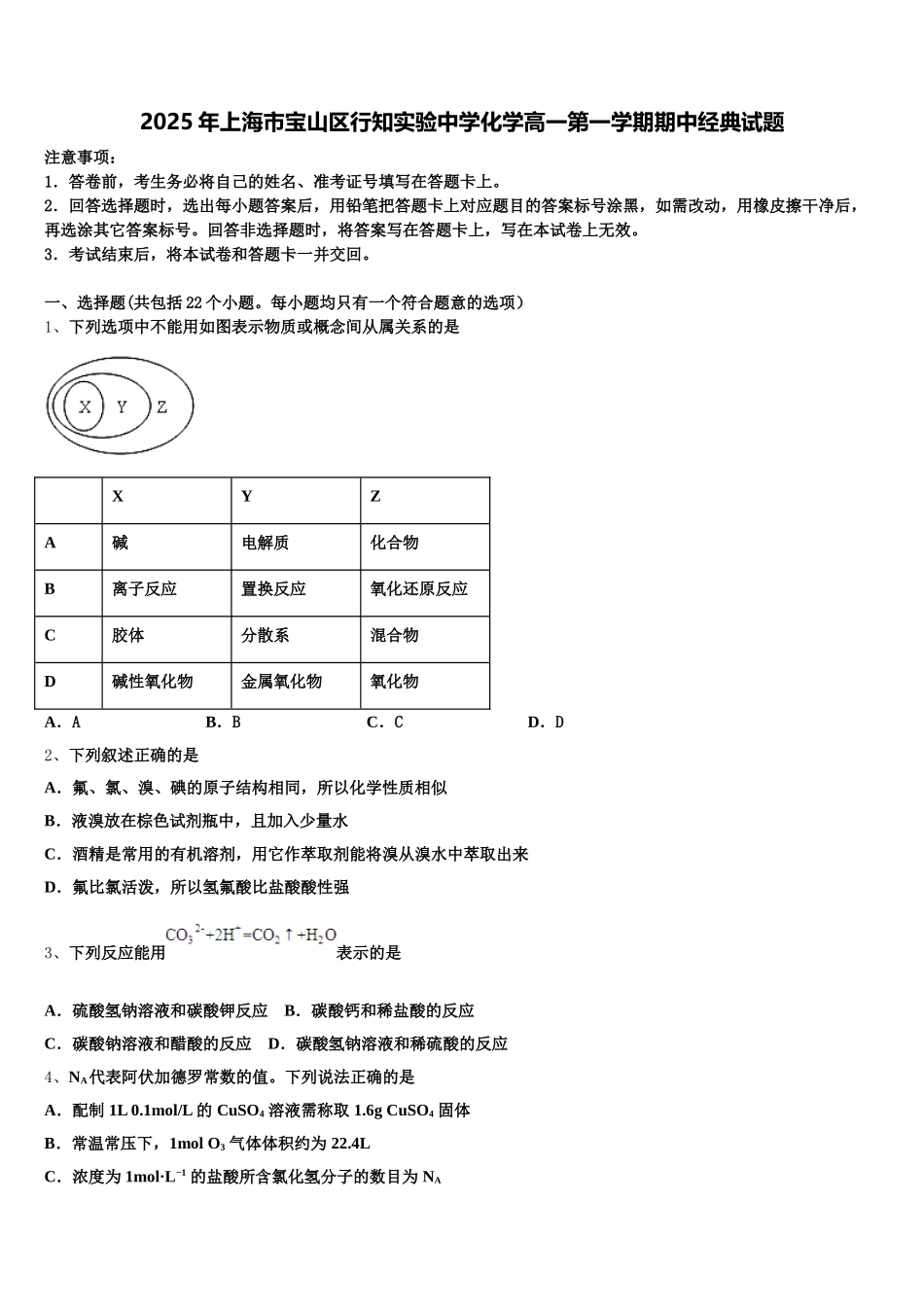 2025年上海市宝山区行知实验中学化学高一第一学期期中经典试题含解析_第1页