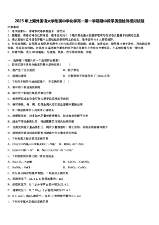 2025年上海外国语大学附属中学化学高一第一学期期中教学质量检测模拟试题含解析
