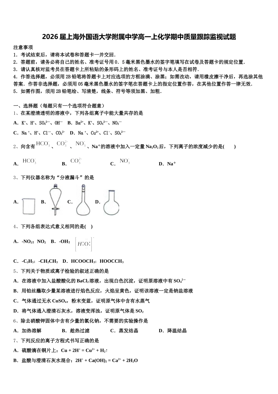 2026届上海外国语大学附属中学高一上化学期中质量跟踪监视试题含解析_第1页
