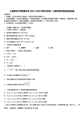 上海复旦大学附属中学2025-2026学年化学高一上期中教学质量检测试题含解析