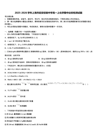 2025-2026学年上海市延安初级中学高一上化学期中达标检测试题含解析