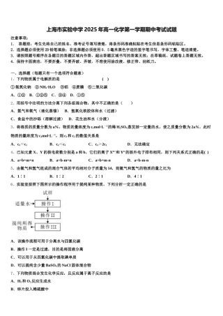 上海市实验中学2025年高一化学第一学期期中考试试题含解析