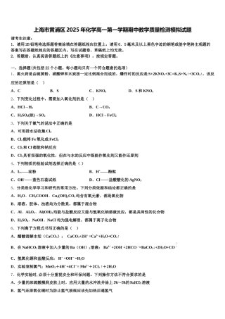 上海市黄浦区2025年化学高一第一学期期中教学质量检测模拟试题含解析