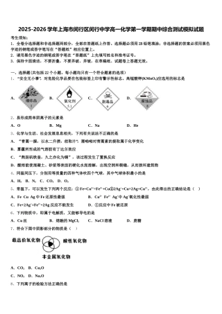 2025-2026学年上海市闵行区闵行中学高一化学第一学期期中综合测试模拟试题含解析