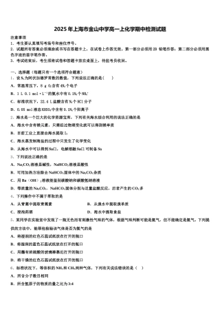 2025年上海市金山中学高一上化学期中检测试题含解析