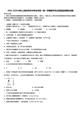 2025-2026学年上海市风华中学化学高一第一学期期中学业质量监测模拟试题含解析