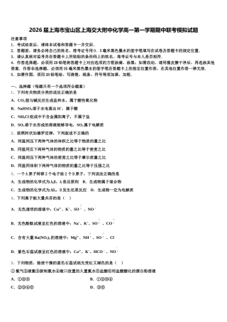 2026届上海市宝山区上海交大附中化学高一第一学期期中联考模拟试题含解析