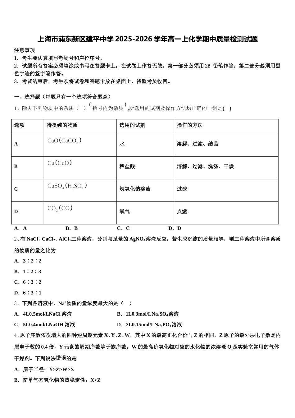 上海市浦东新区建平中学2025-2026学年高一上化学期中质量检测试题含解析_第1页