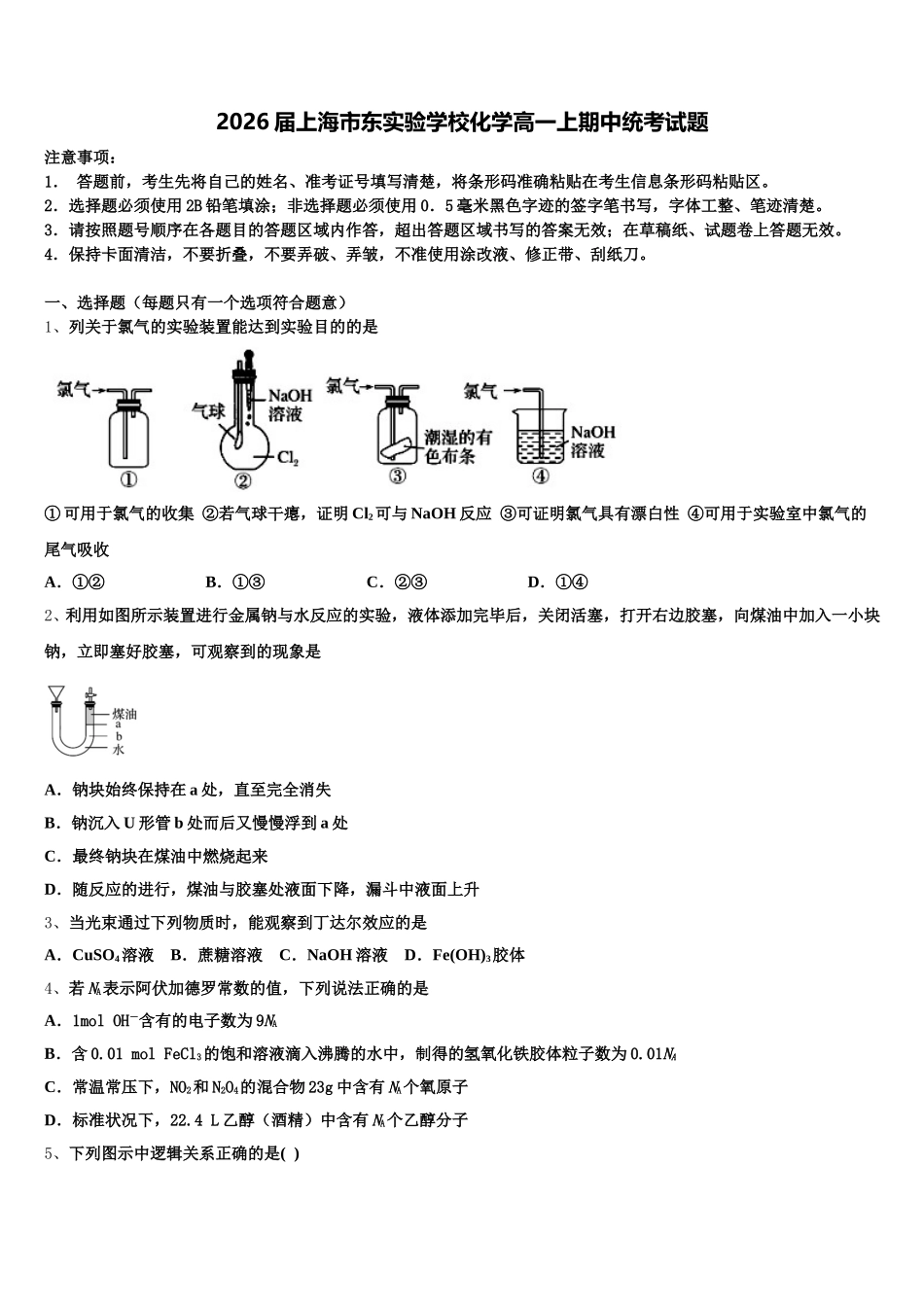 2026届上海市东实验学校化学高一上期中统考试题含解析_第1页