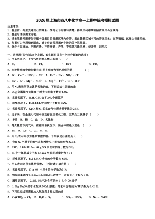 2026届上海市市八中化学高一上期中统考模拟试题含解析