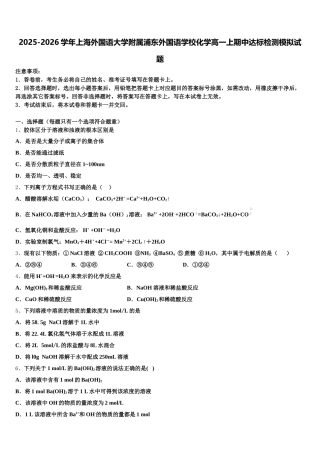 2025-2026学年上海外国语大学附属浦东外国语学校化学高一上期中达标检测模拟试题含解析