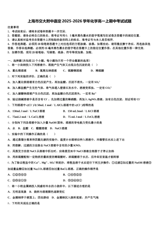 上海市交大附中嘉定2025-2026学年化学高一上期中考试试题含解析