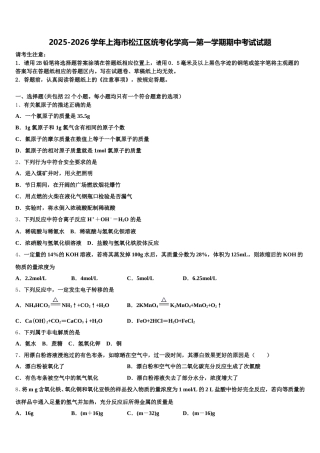 2025-2026学年上海市松江区统考化学高一第一学期期中考试试题含解析