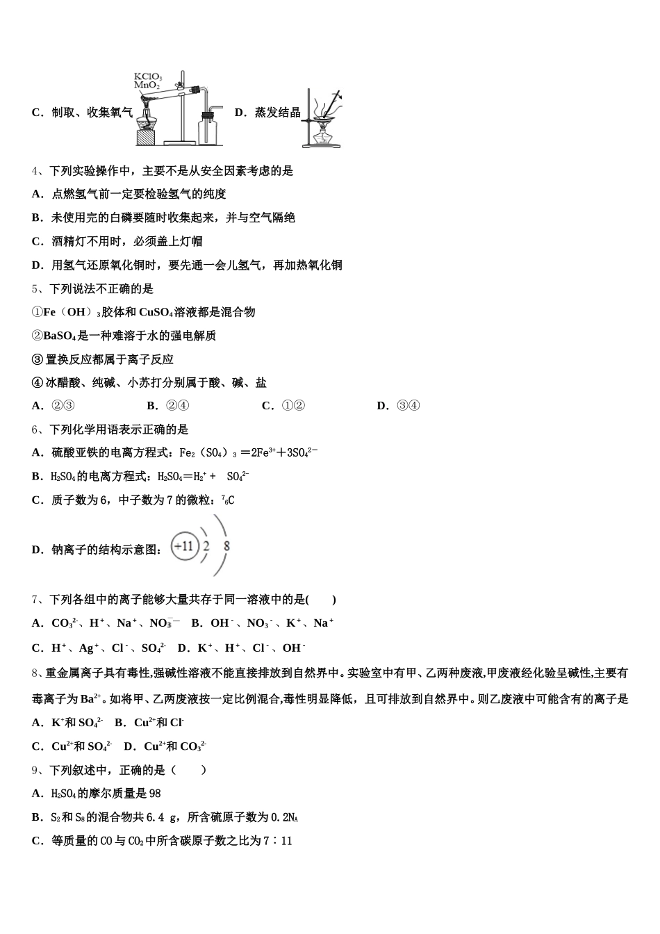 复旦大学附属中学2025-2026学年高一上化学期中达标检测模拟试题含解析_第2页