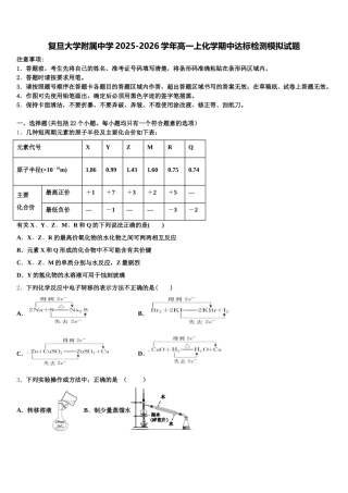 复旦大学附属中学2025-2026学年高一上化学期中达标检测模拟试题含解析