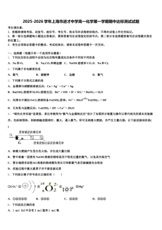 2025-2026学年上海市进才中学高一化学第一学期期中达标测试试题含解析