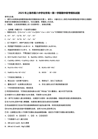 2025年上海市第八中学化学高一第一学期期中联考模拟试题含解析