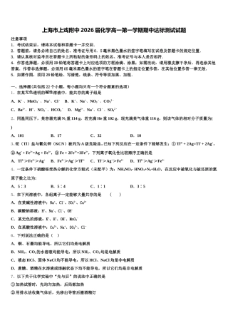 上海市上戏附中2026届化学高一第一学期期中达标测试试题含解析