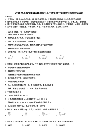 2025年上海市宝山区建峰高中高一化学第一学期期中综合测试试题含解析