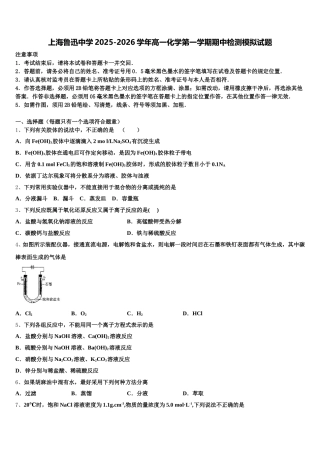 上海鲁迅中学2025-2026学年高一化学第一学期期中检测模拟试题含解析