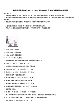 上海市格致初级中学2025-2026学年高一化学第一学期期中统考试题含解析