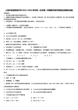 上海市青浦高级中学2025-2026学年高一化学第一学期期中教学质量检测模拟试题含解析