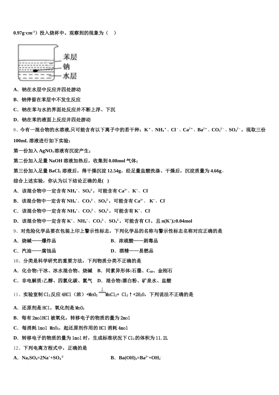 上海师范大学附属外国语中学2025年高一上化学期中达标测试试题含解析_第2页