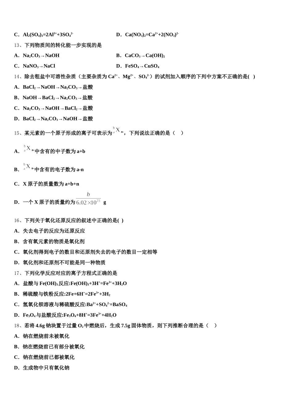 上海师范大学附属外国语中学2025年高一上化学期中达标测试试题含解析_第3页